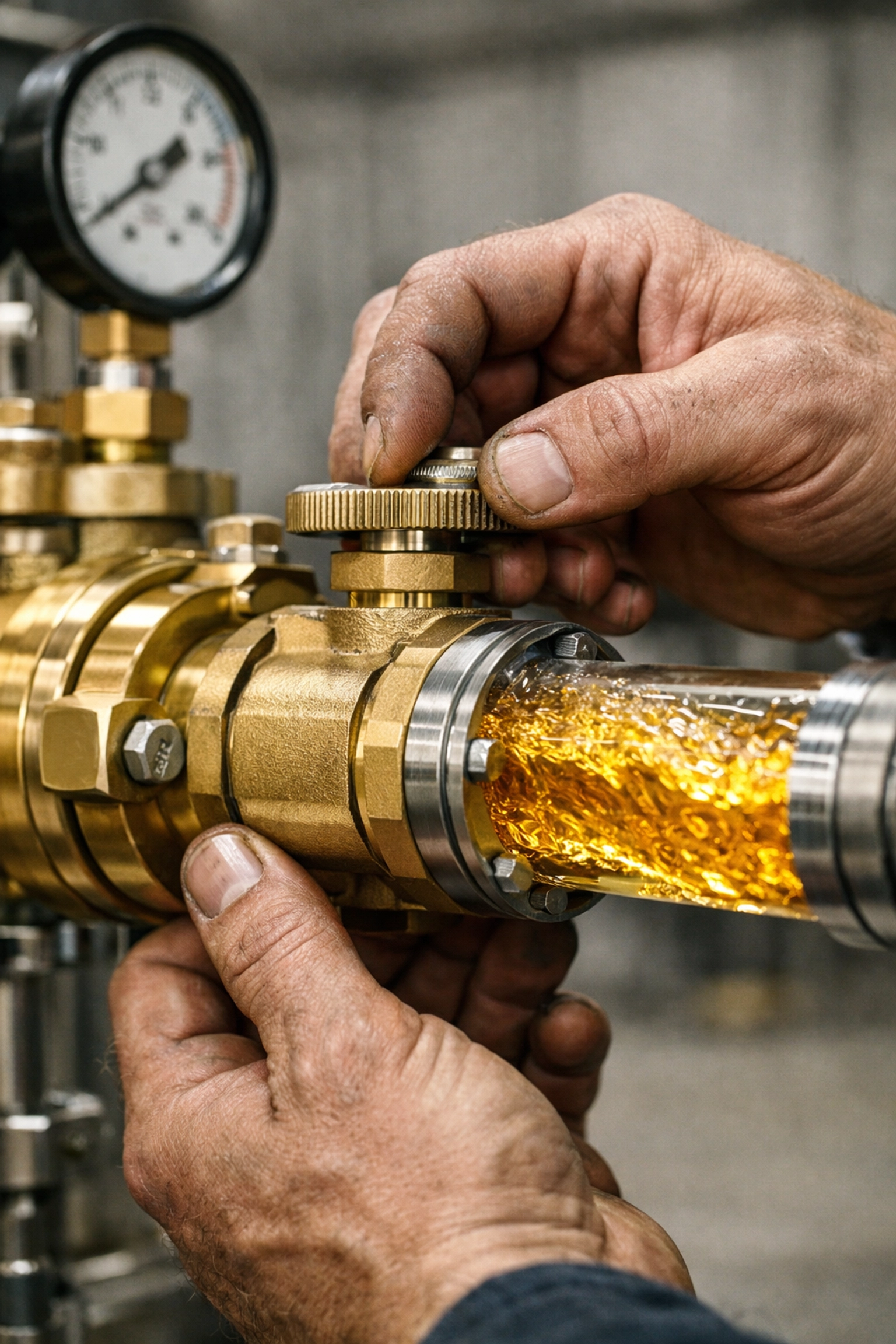 Hands controlling a brass valve with flowing golden liquid, illustrating the IUL Gusher tax-advantaged income strategy.