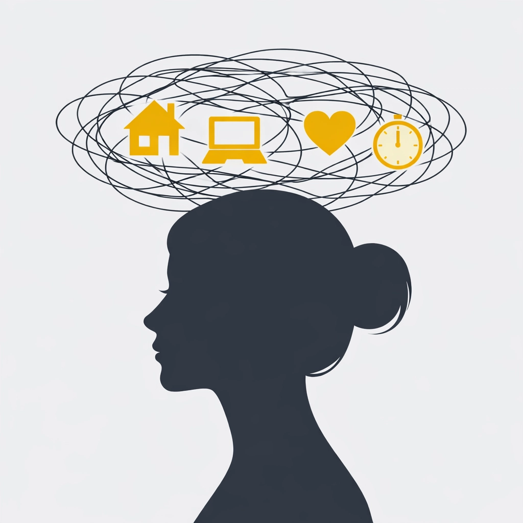 Minimalist silhouette of a woman managing the mental load and juggling life's many responsibilities.