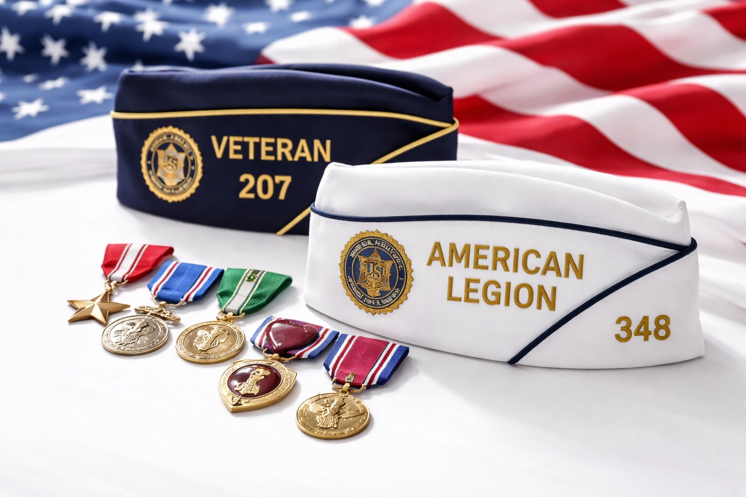 American Legion caps, military medals, and a softly draped American flag symbolizing advocacy and year-round support for veterans.