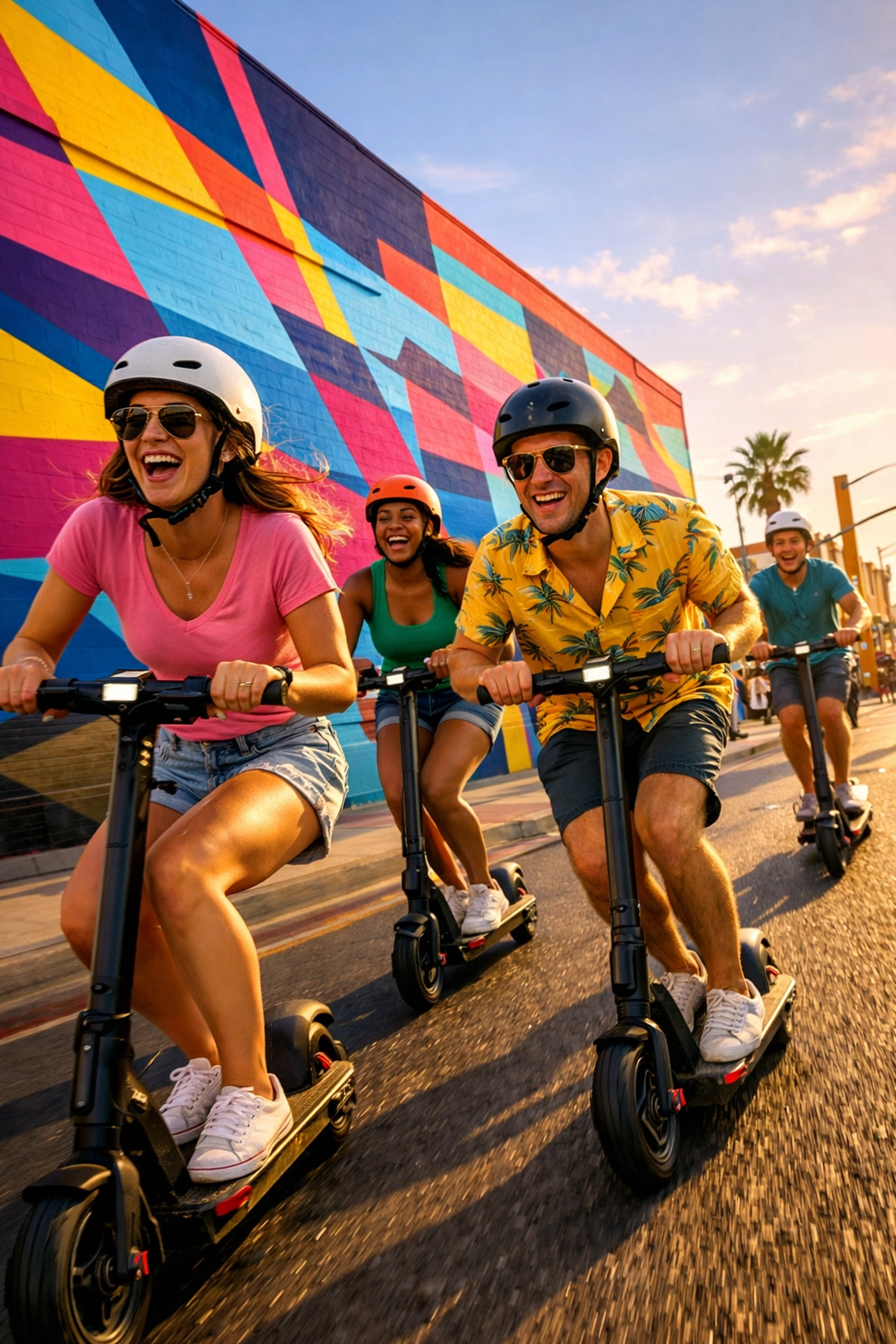 Group riding electric scooters past vibrant street art murals in Las Vegas Arts District