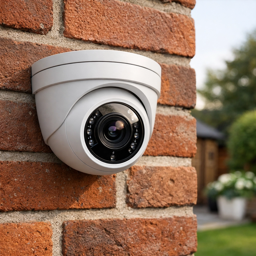 Professional CCTV installation of a white turret NVR camera on a brick wall in Fleet.