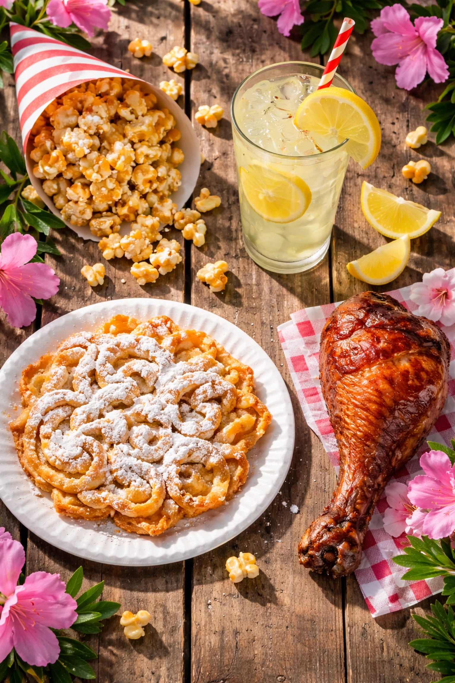 Funnel cake, kettle corn, lemonade, and turkey leg displayed as classic Flowertown Festival food options.