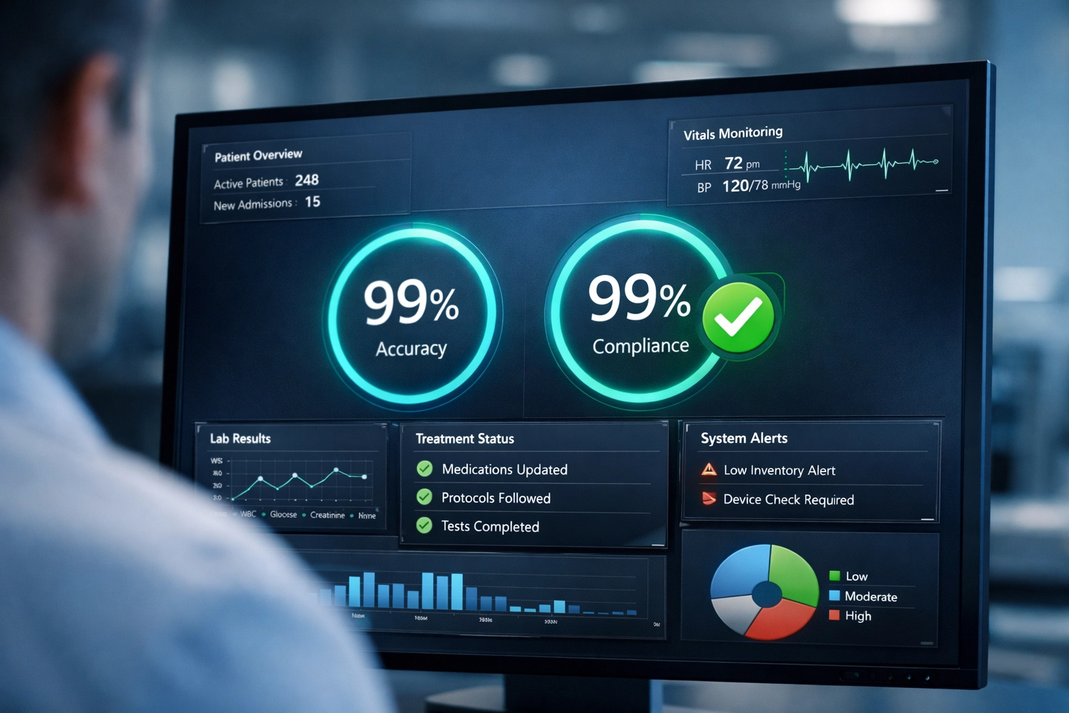 Medical software dashboard displaying 99% Medicare compliant documentation and real-time clinical decision support.