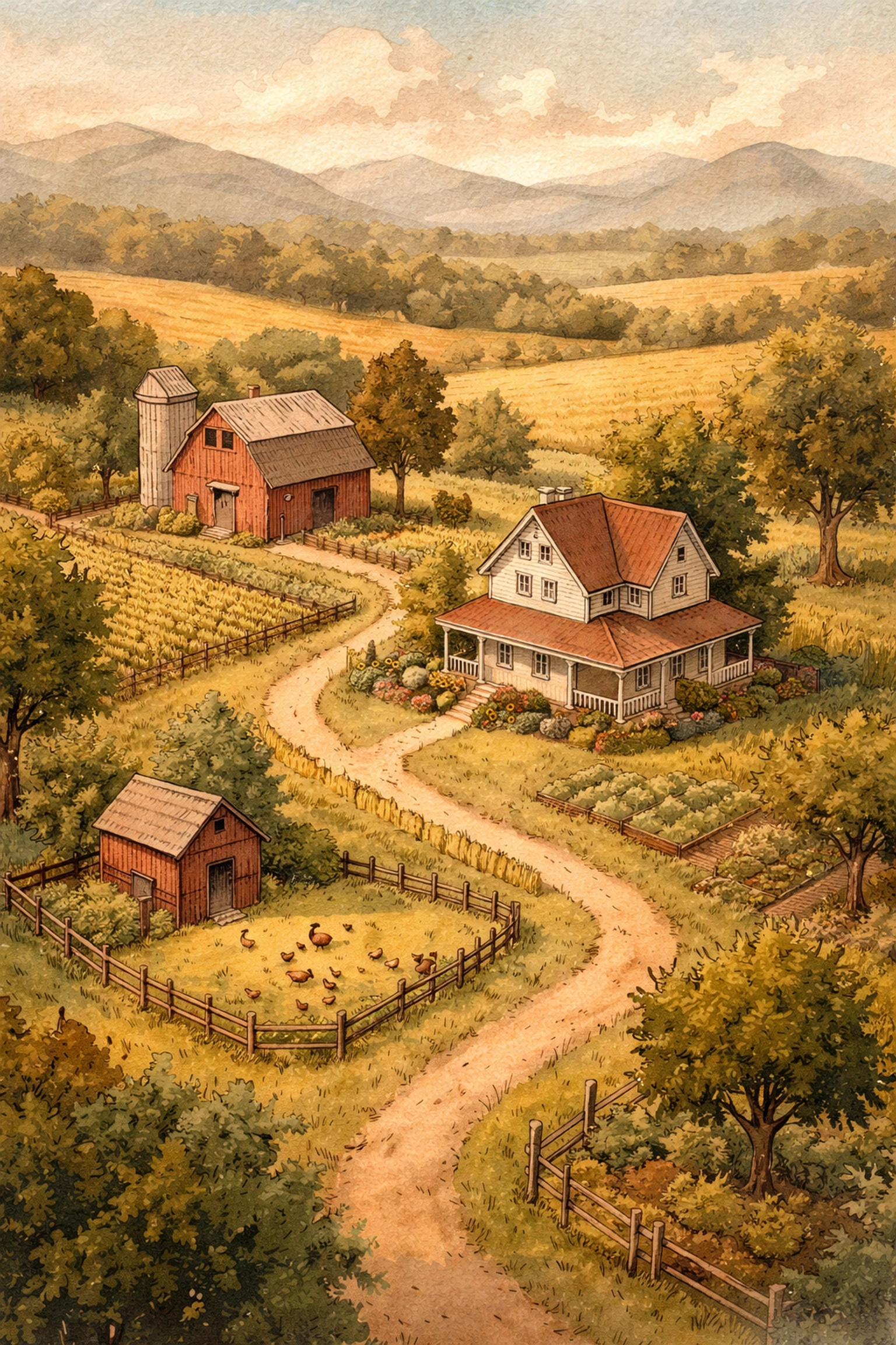 Aerial view of a small family farm with chickens roaming near a coop and fields, illustrating local agriculture