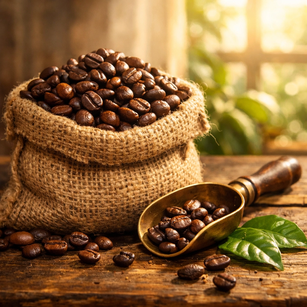 Freshly roasted single origin coffee beans in a burlap sack on a rustic wooden table for home brewing.