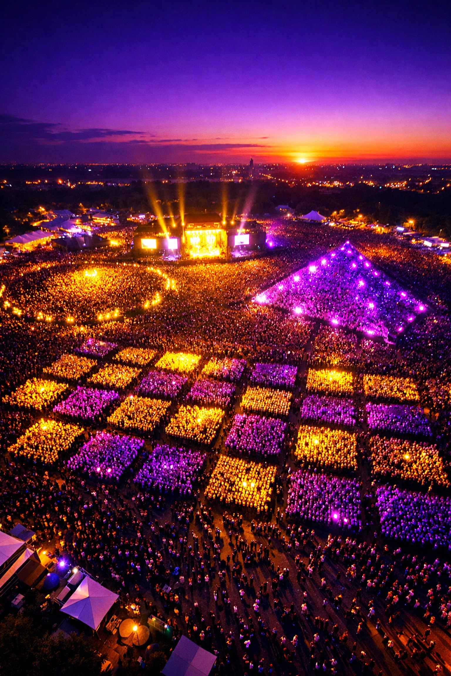 Aerial drone view of political rally showing crowd scale and event energy