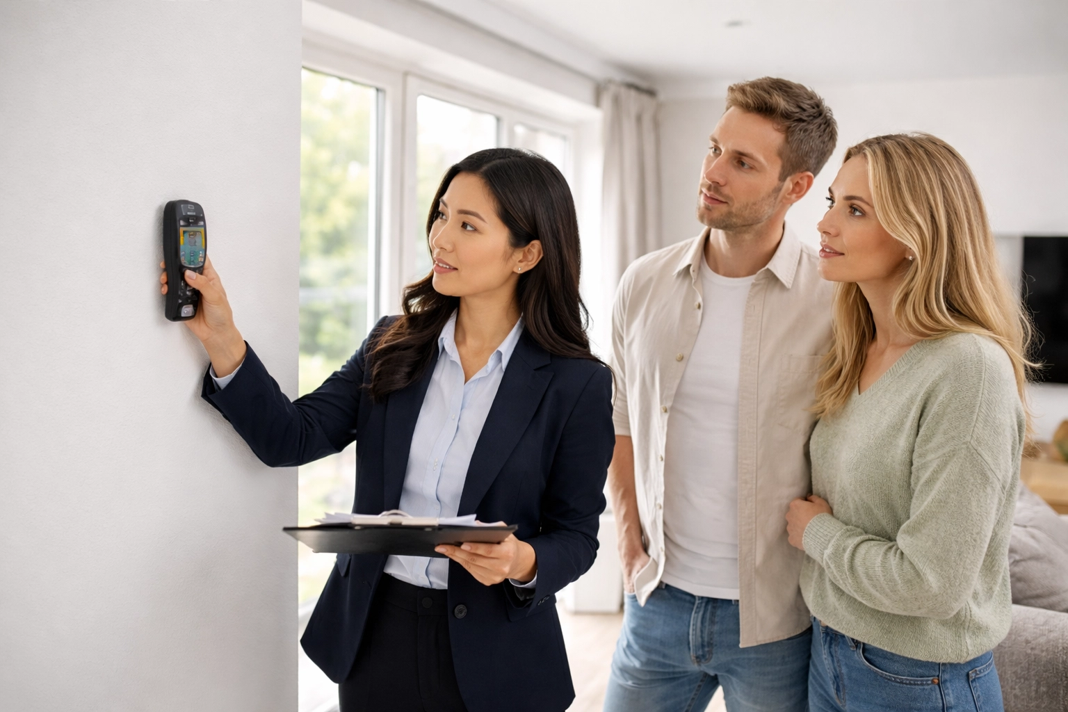 Professional surveyor conducting a property inspection with homeowners present