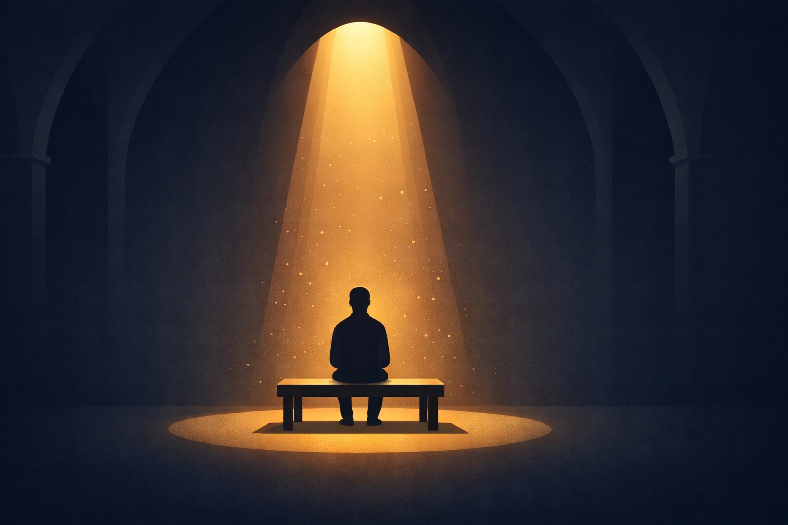 A person sitting in a warm beam of spiritual light, finding peace and comfort after trauma.