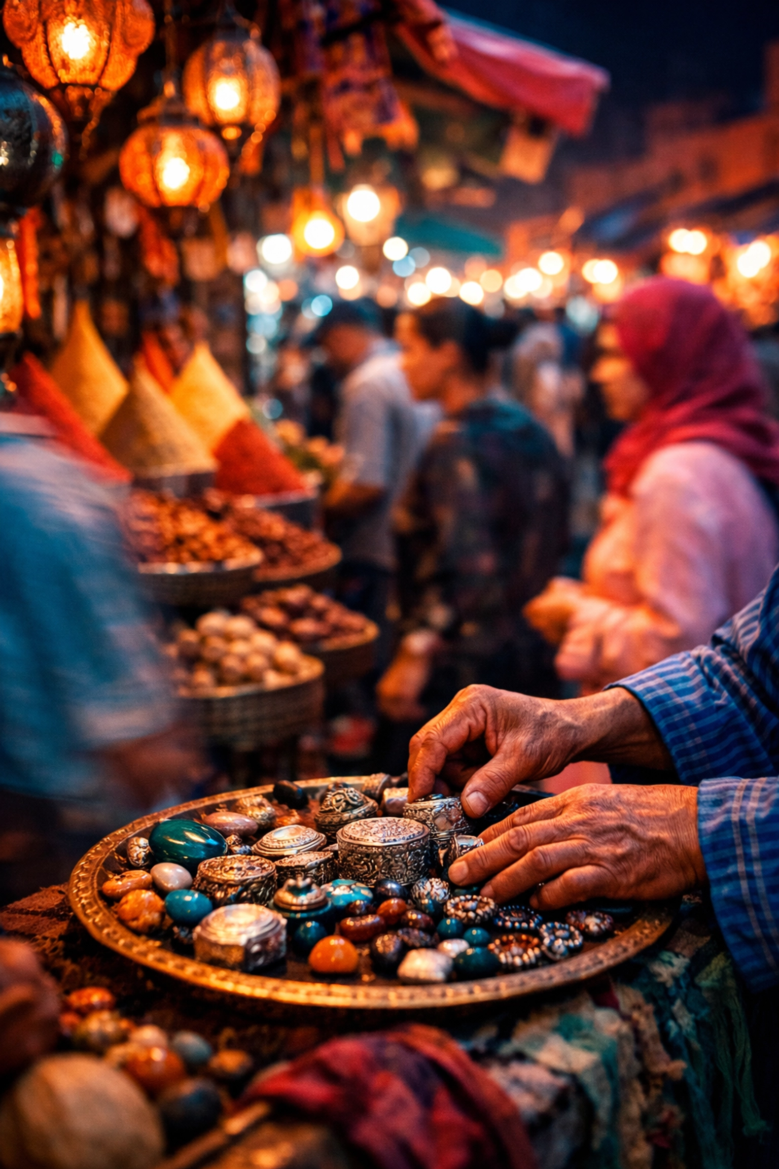 Busy Marrakesh night market at night, highlighting hidden gems and professional travel photography tips.