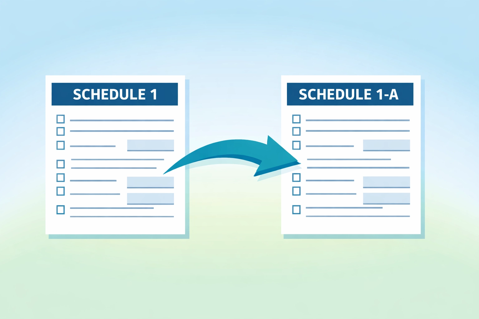 Schedule 1 and Schedule 1-A tax forms connected showing 2026 filing requirements