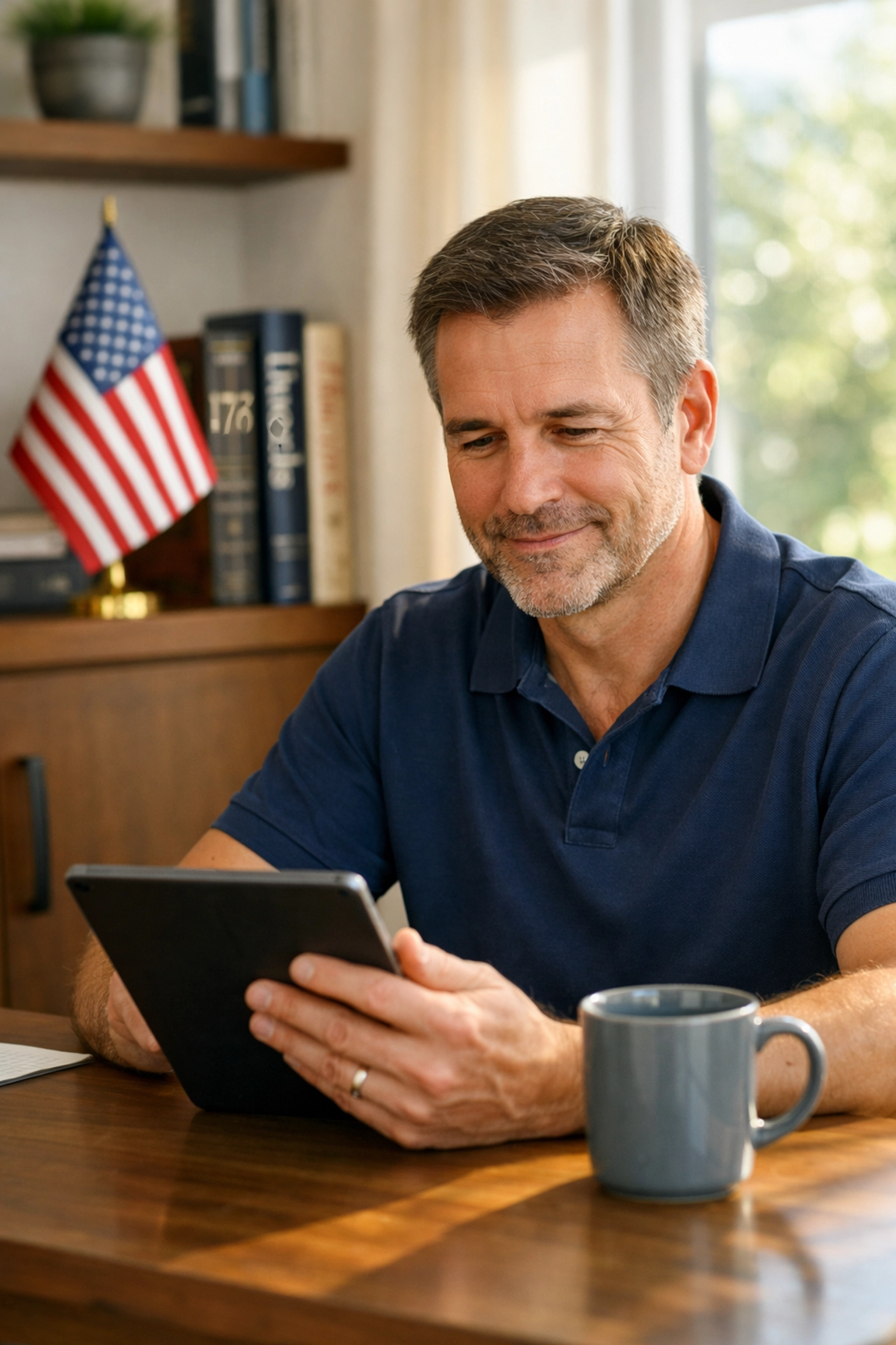 Pledge Allegiance CEO Dan Kost reading the daily press release and program updates in his office.