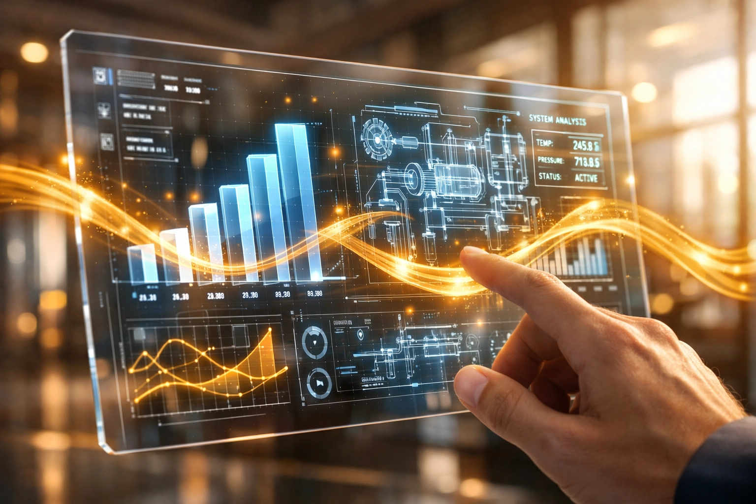 Digital interface with business metrics illustrating flexible equipment financing and business credit lines.
