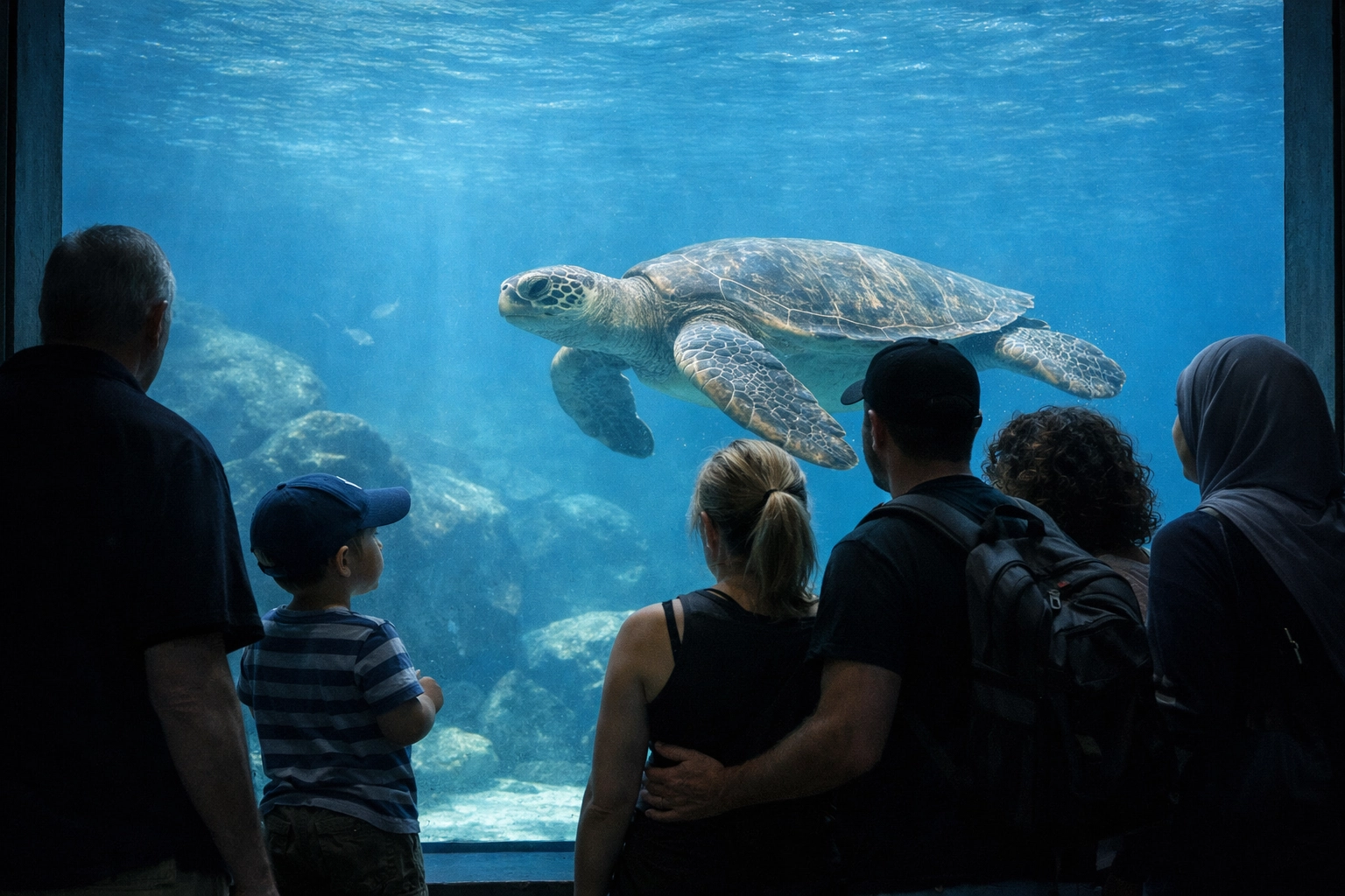 Diverse group of zoo visitors watching a sea turtle, representing community engagement in conservation.