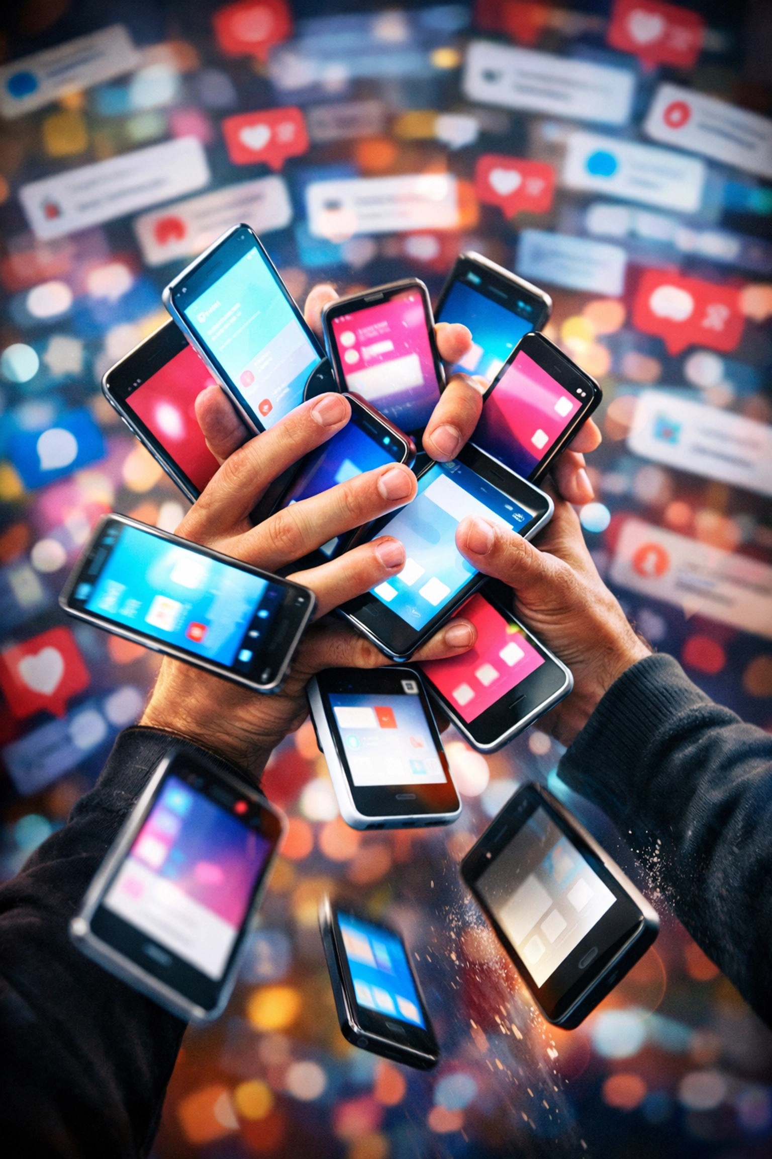 Hands failing to manage multiple smartphones, symbolizing the struggle of spreading digital resources too thin.