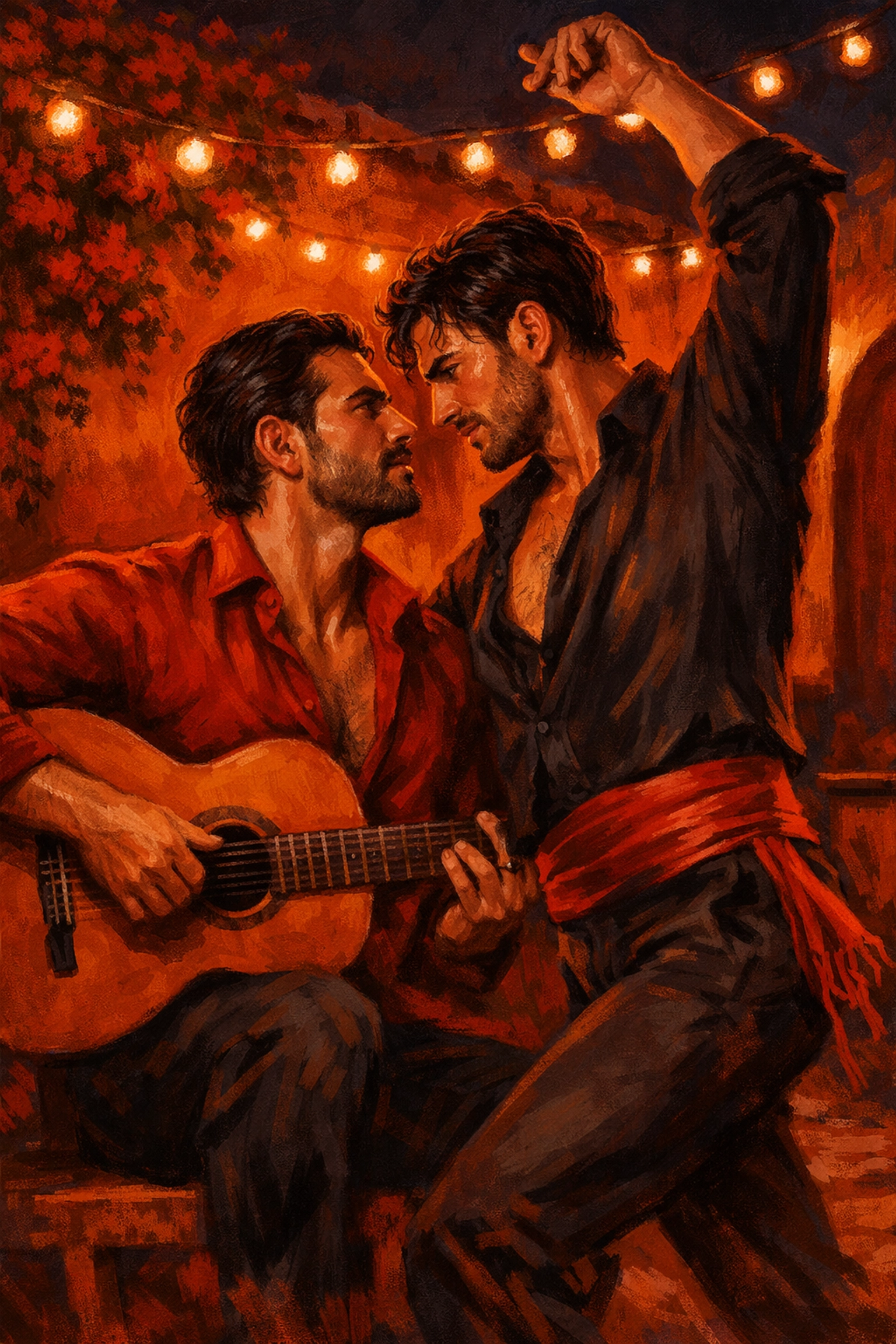 Two men dancing traditional flamenco in romantic courtyard scene from LGBTQ+ fiction