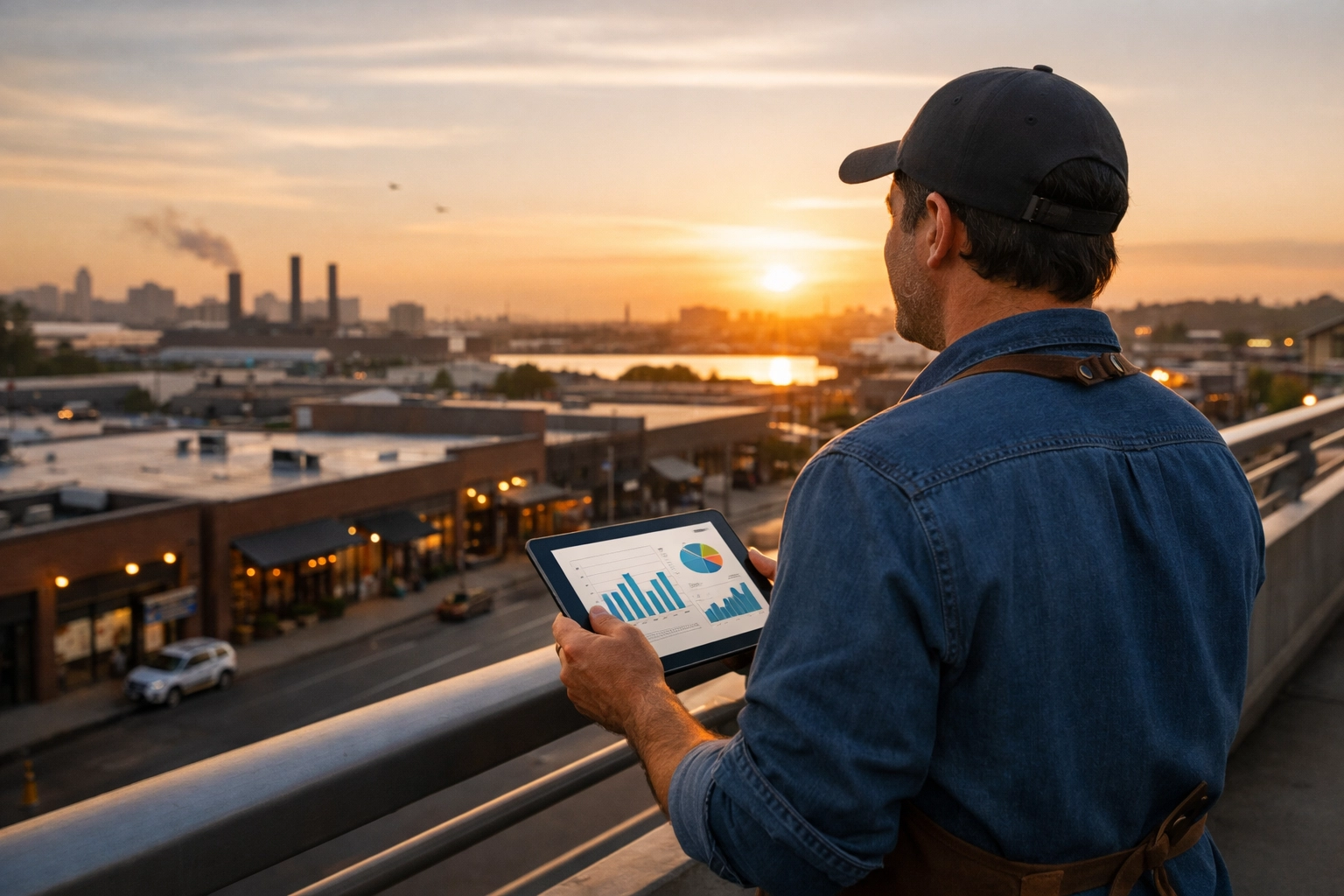 Small business owner on a city bridge at golden hour—reflecting on the week’s win and planning the next Growth Bridge move.