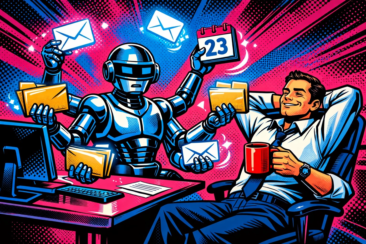 An AI assistant for small business juggling digital tasks while the owner relaxes with coffee.