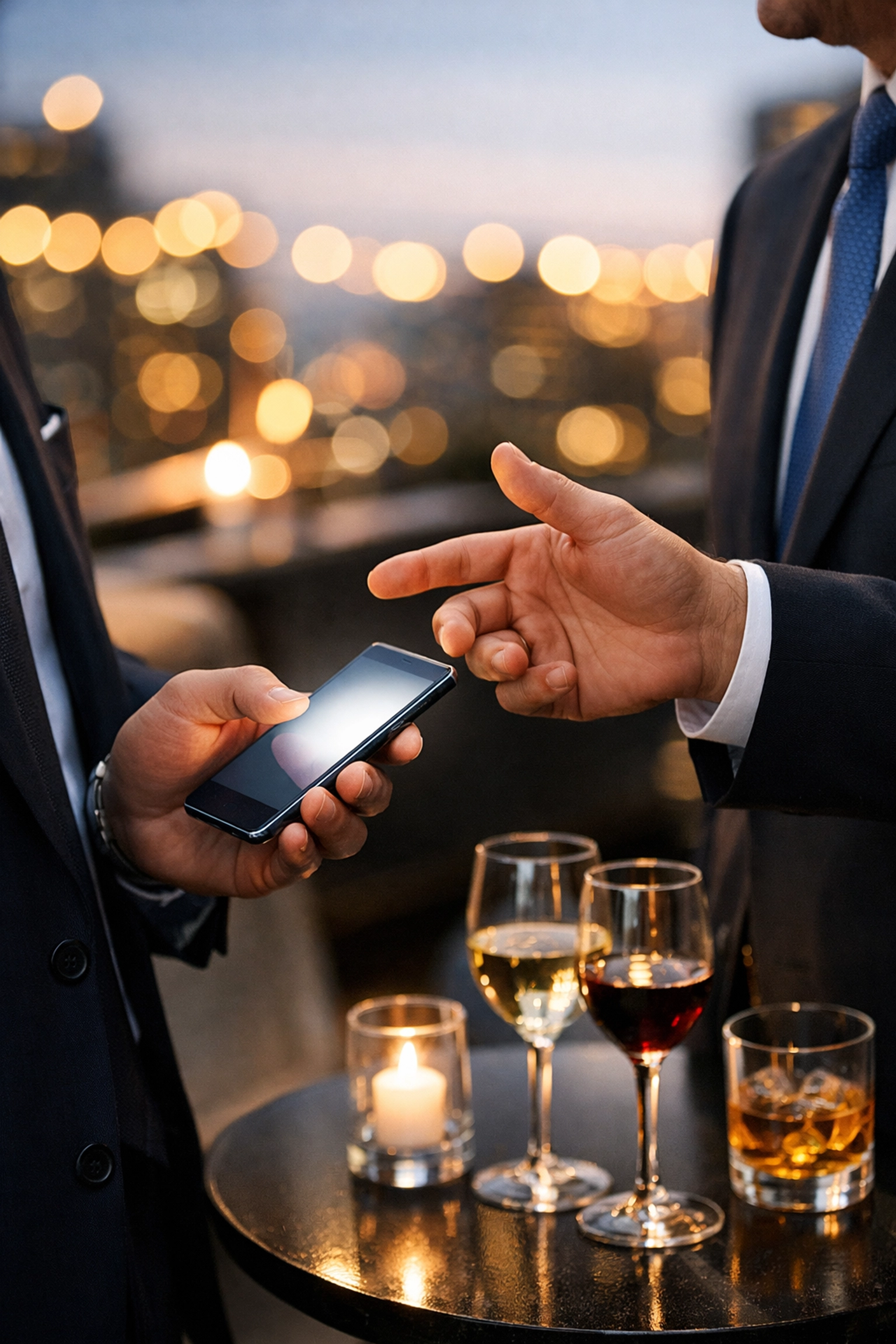 Executives using digital tools for high-stakes professional networking at a VIP Super Bowl event.