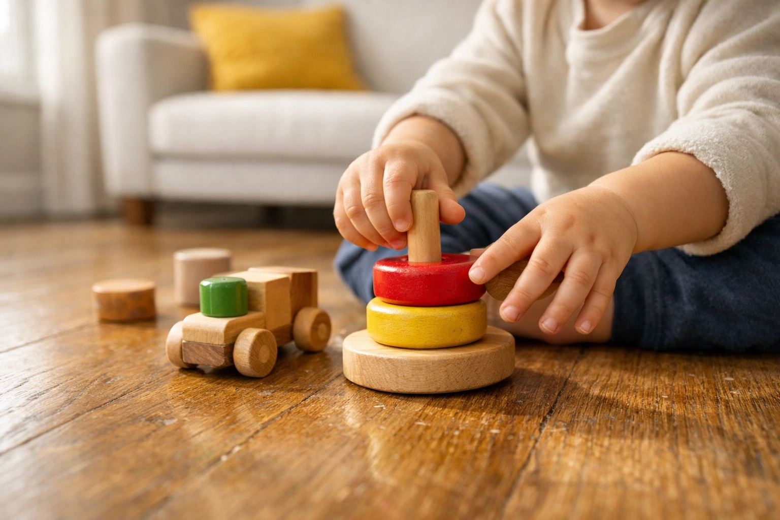 Toddler playing on worn oak hardwood floors in Chicago needing a hygienic refinishing seal.