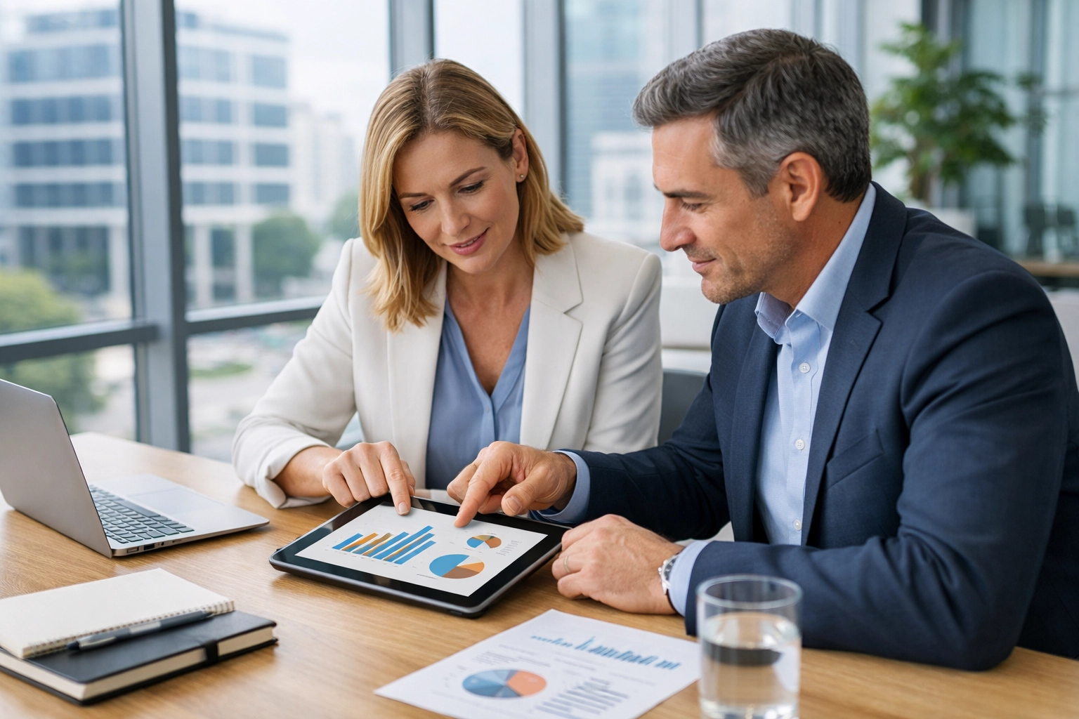 Business consultants discussing 2026 tax strategy and IRS updates in a professional modern office.