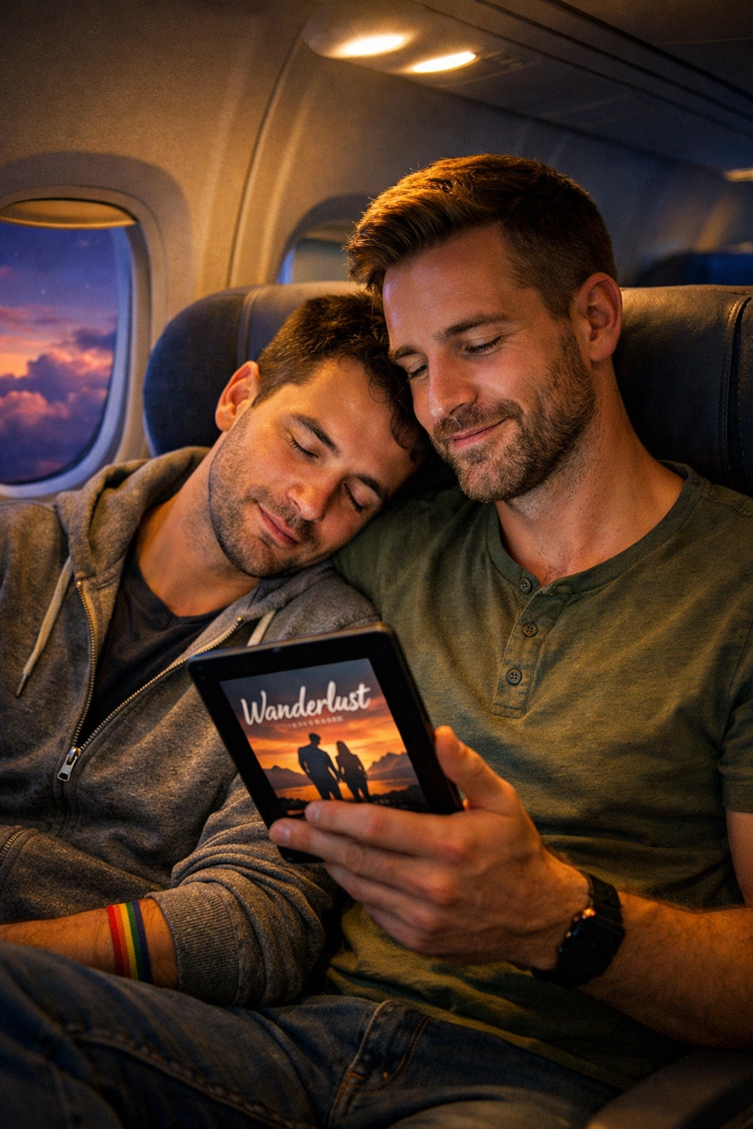 Gay couple reading MM romance ebook together on airplane flight, LGBTQ+ travel and literature