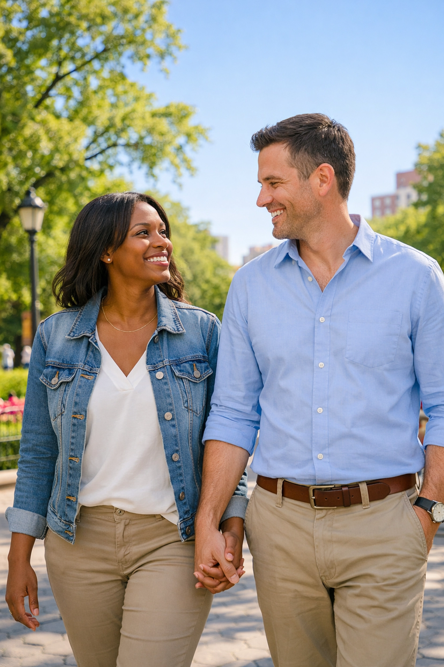 Interracial couple in a park demonstrating a genuine relationship for an I-130 petition.