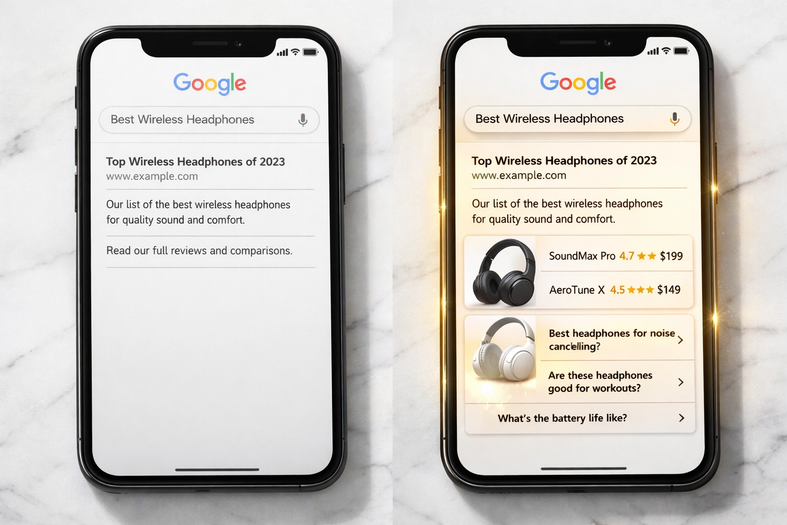 Comparaison résultats Google : snippet standard vs résultat enrichi avec étoiles et prix