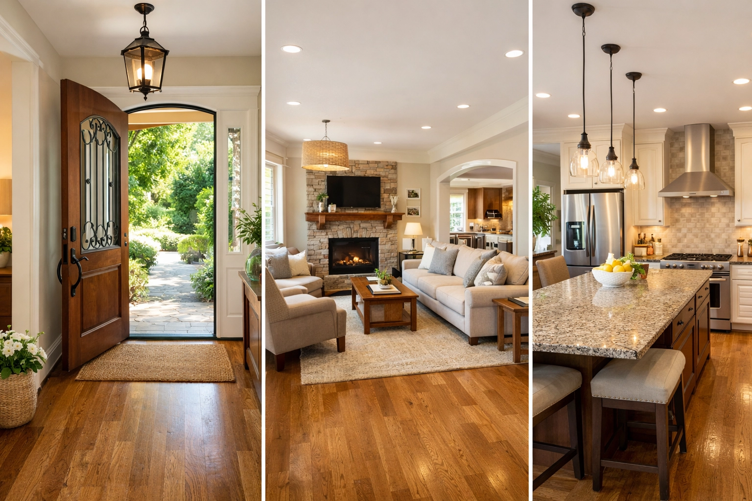 Home listing photo walkthrough from entrance through living room to kitchen showing natural flow