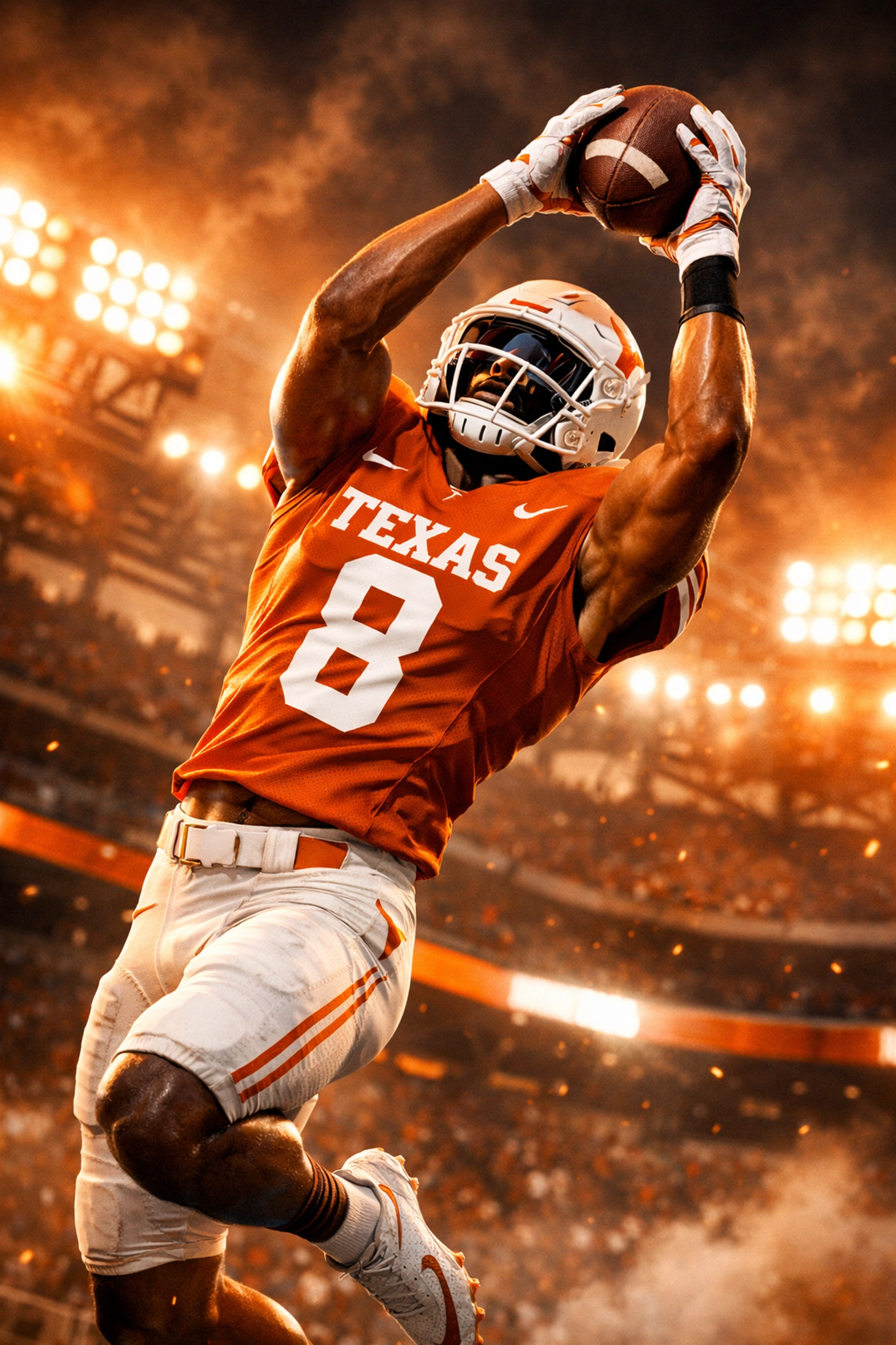 Texas Longhorns wide receiver making athletic catch in burnt orange uniform