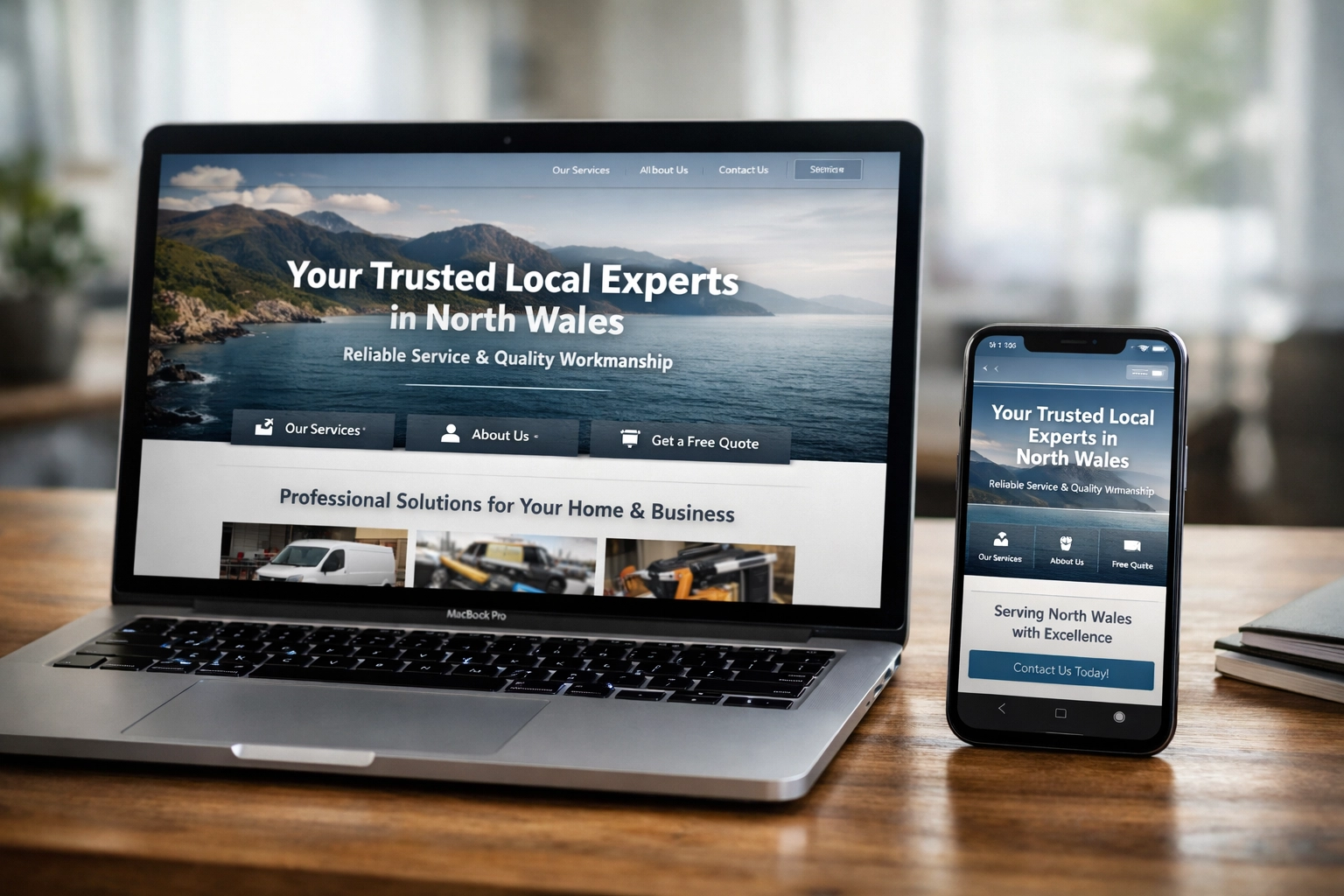 Responsive web design displayed on mobile and laptop for a North Wales SME.