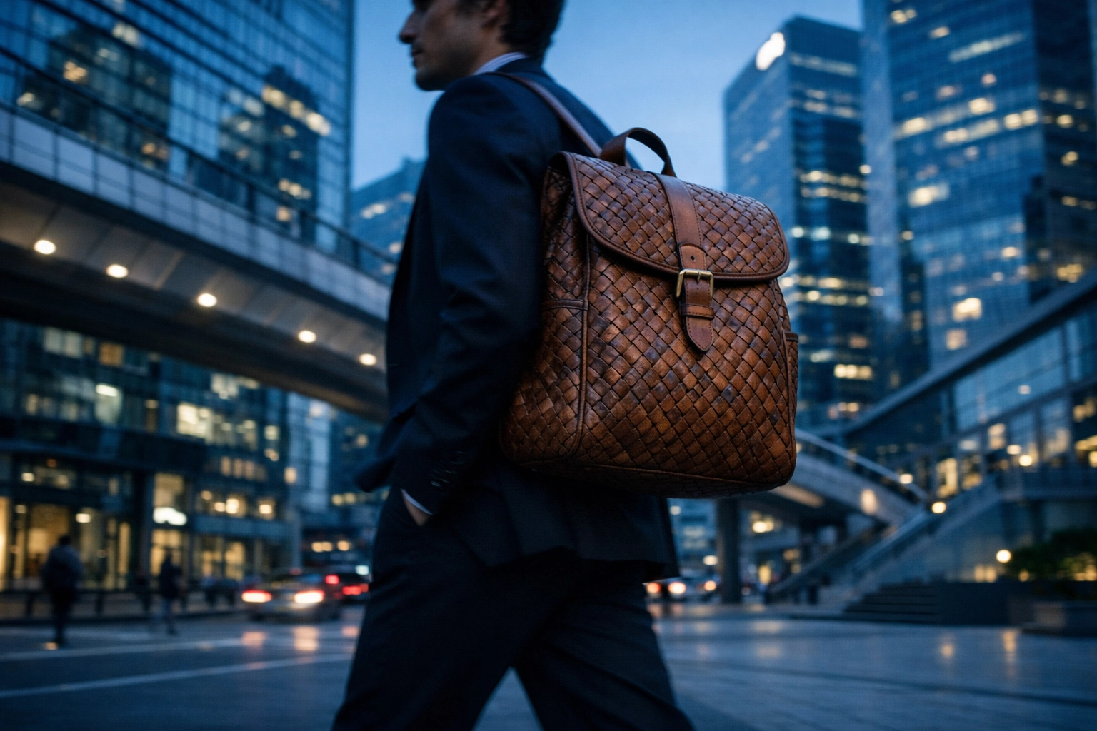 Professional with a Tigre de Salón backpack in a modern city, bridging indigenous art and global retail.