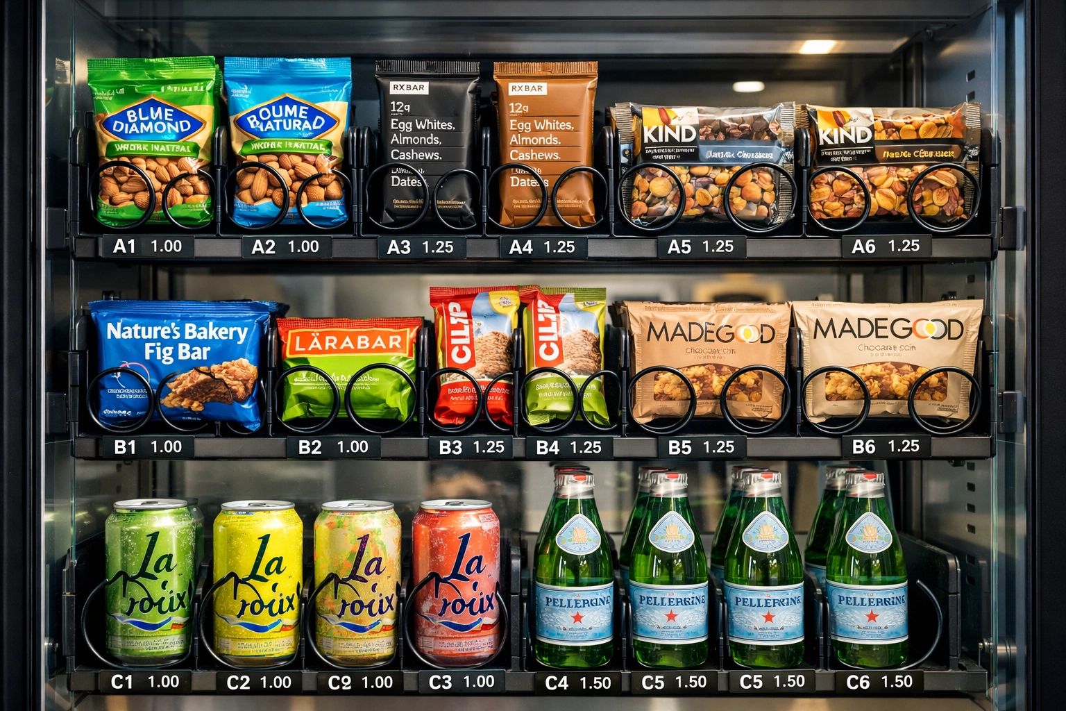 Office vending machine stocked with healthy snacks and bottled water to promote workplace wellness.