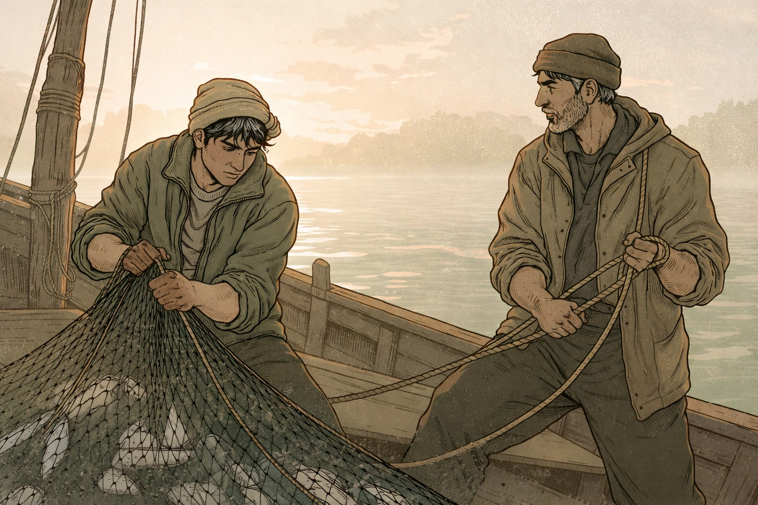 Male couple working together on a fishing boat at dawn, highlighting trust and hard-won respect in a gay romance setting.