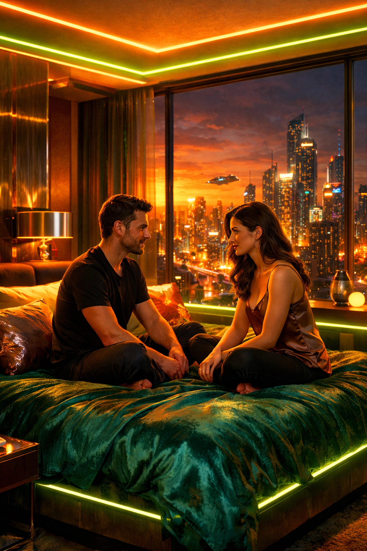 A couple having a respectful conversation about boundaries on a bed in a modern neon-lit room.