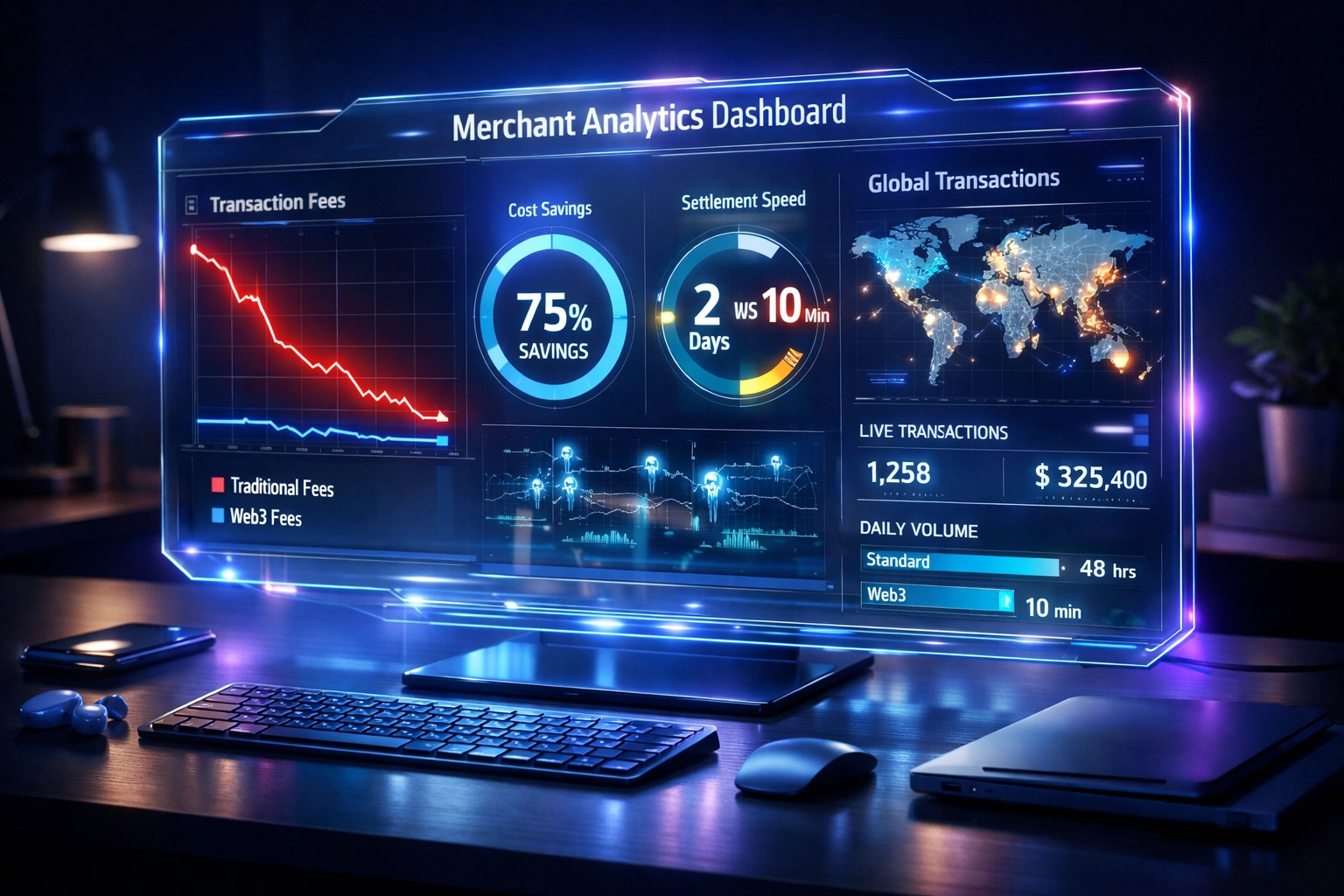 Merchant analytics dashboard comparing Web3 payment fees versus traditional interchange fees showing 75% savings