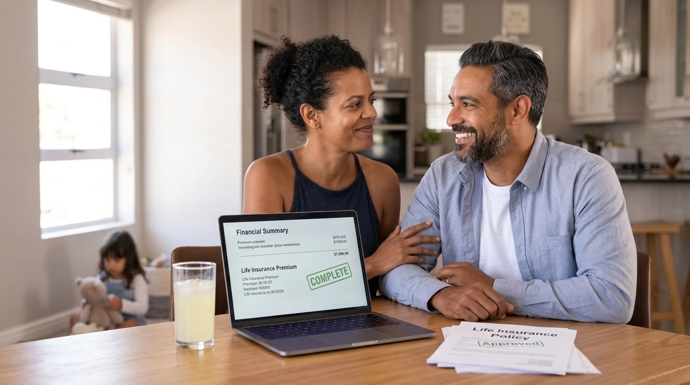 A happy Florida couple reviewing their finances and celebrating lower Florida homeowners insurance quotes.