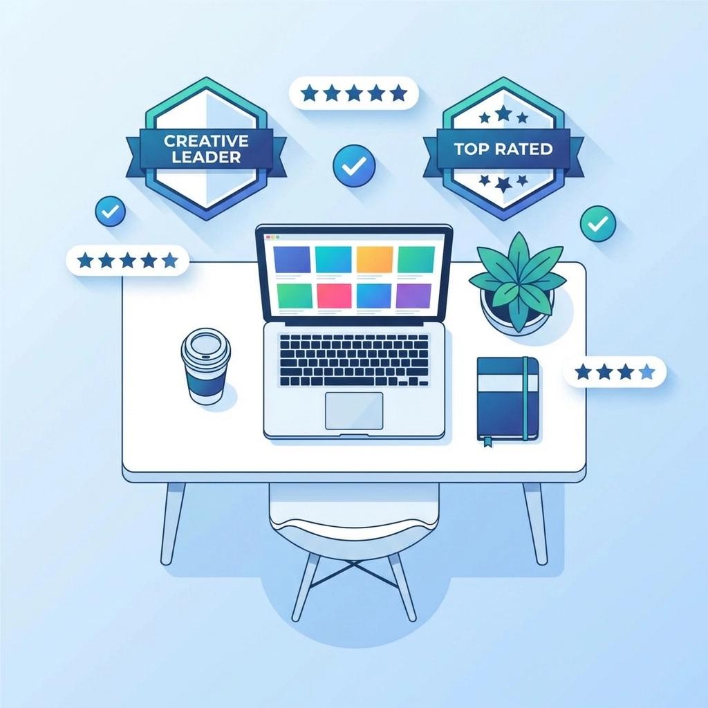 Creative workspace with laptop showcasing agency portfolio and achievement symbols