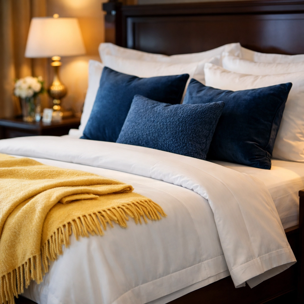 A perfectly made bed and dust-free nightstand showcasing professional residential cleaning standards.