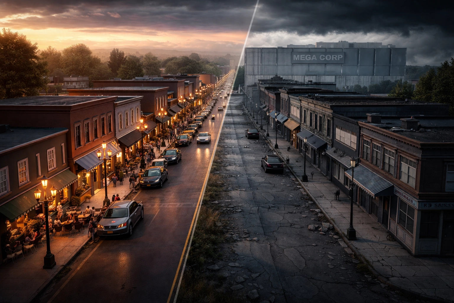 Split-view of a lively and abandoned small town street, symbolizing the effects of job loss from automation.