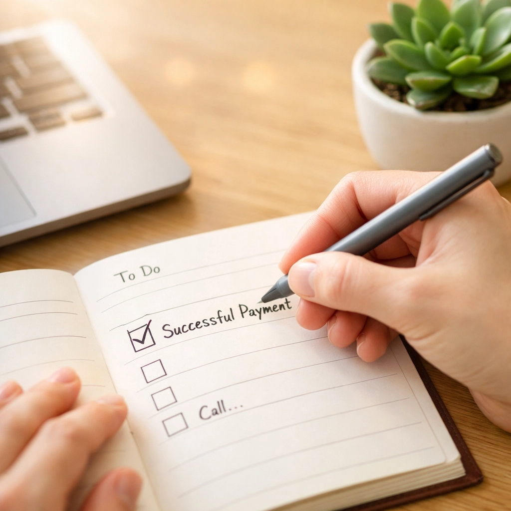 Person marking a successful installment loan payment in a planner to rebuild their credit score.