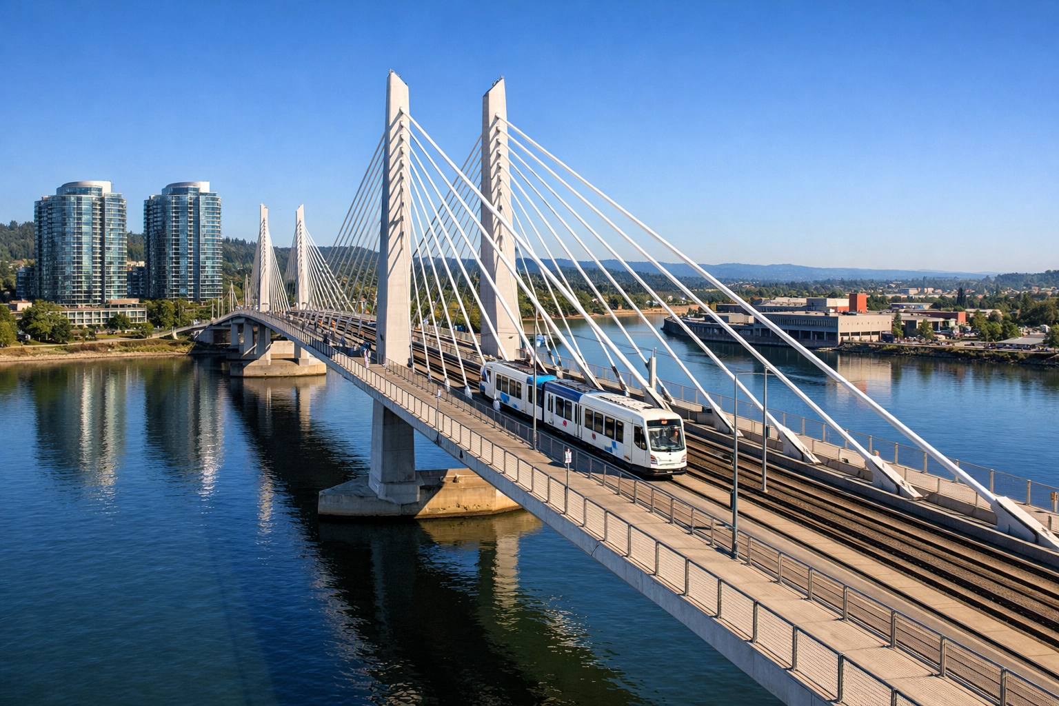 Tilikum Crossing bridge with MAX Orange Line train crossing the Willamette River