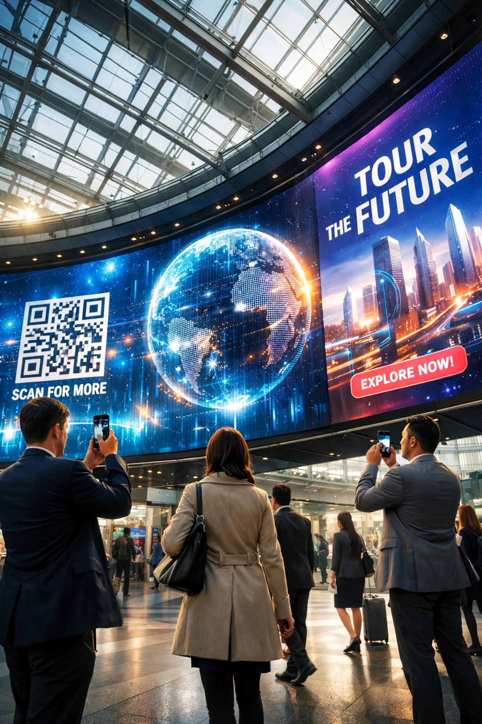Interactive digital billboard at transit hub with travelers engaging via smartphones for OOH advertising