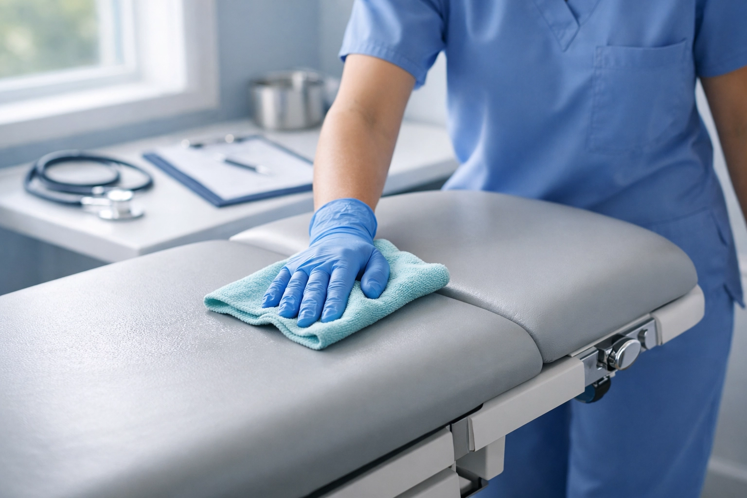 Healthcare worker cleaning medical exam table with microfiber cloth in sterile medical office