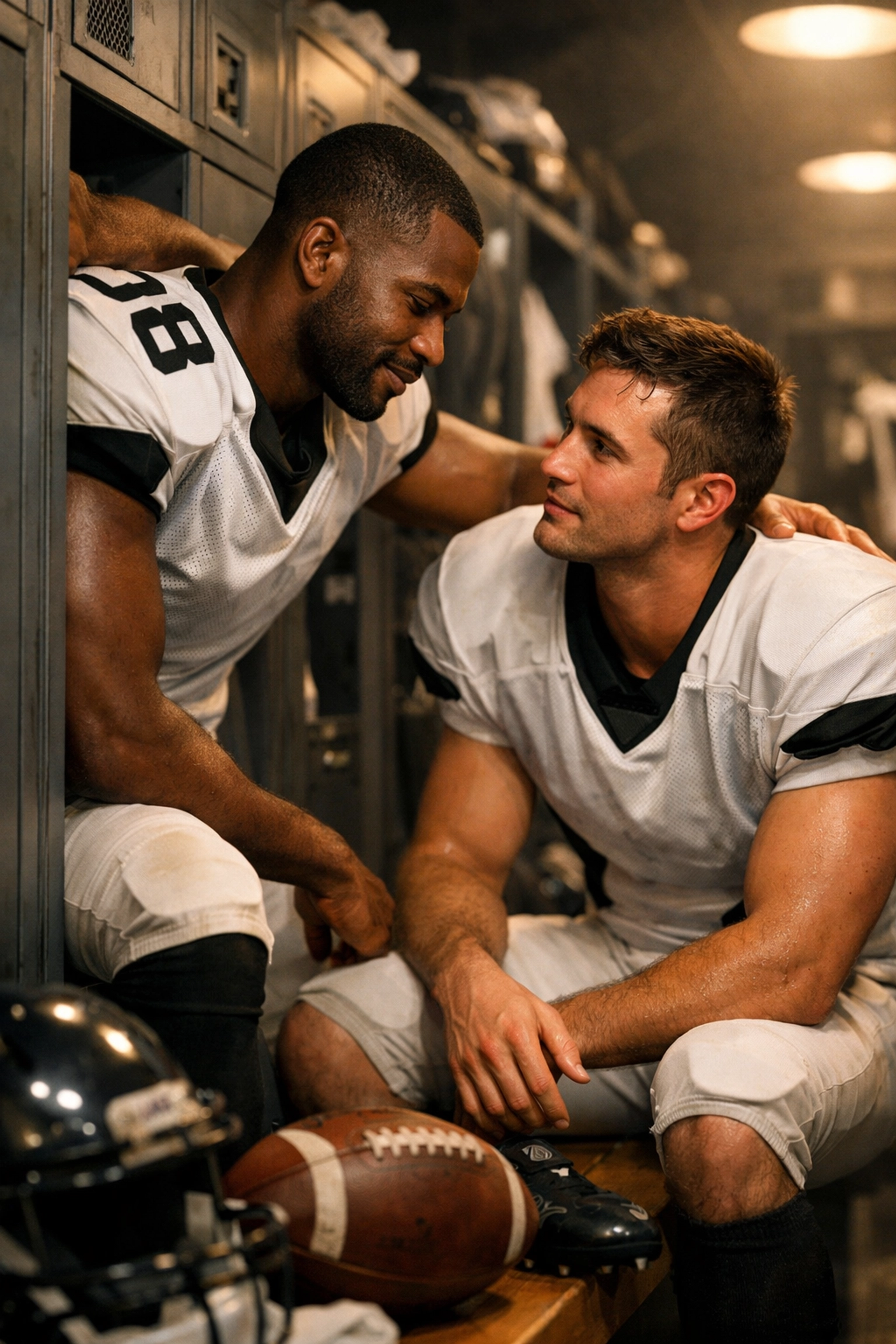 Gay football teammates in NFL locker room having conversation