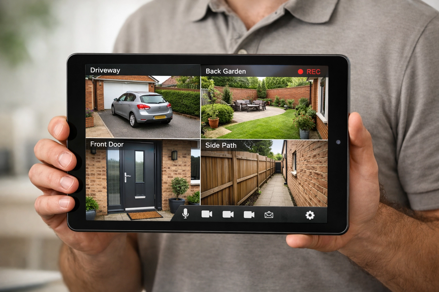 Southwest security experts displaying live CCTV feeds on a tablet during a professional security survey.