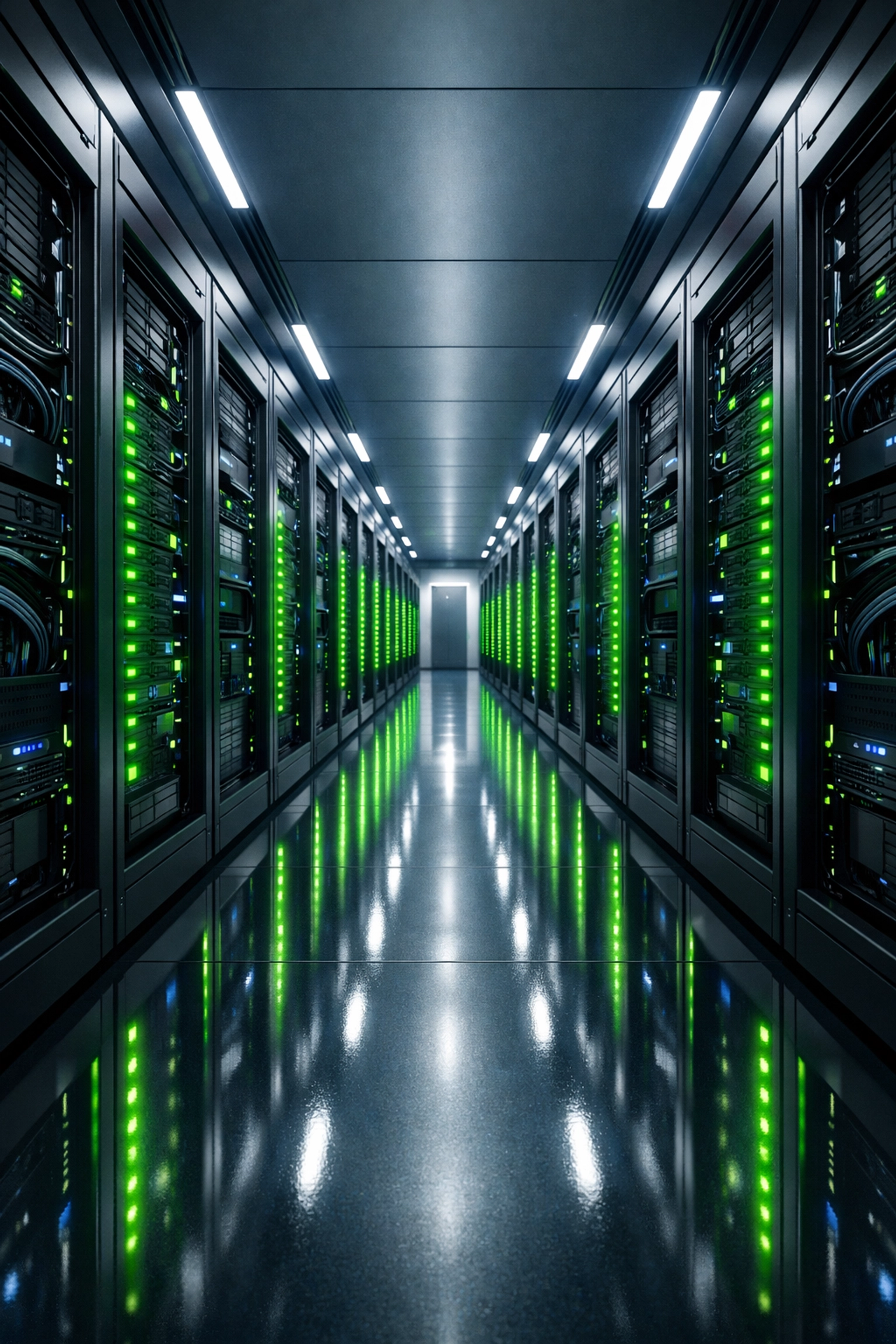 Modern server room hallway representing secure network security services Ventura for CMMC compliance.