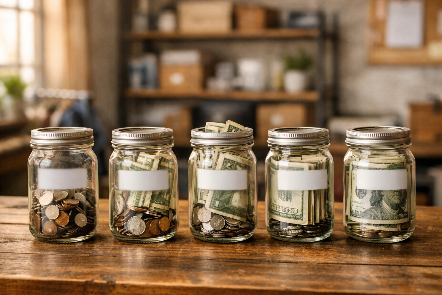 Five glass jars with cash representing the Profit First five-account allocation system Five glass jars with cash representing the Profit First five-account allocation system