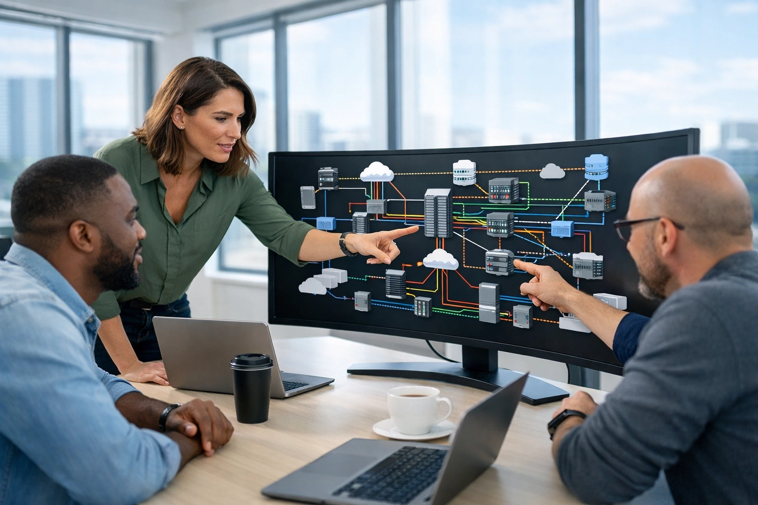 IT professionals analyzing ServiceNow ITOM network topology for incident management