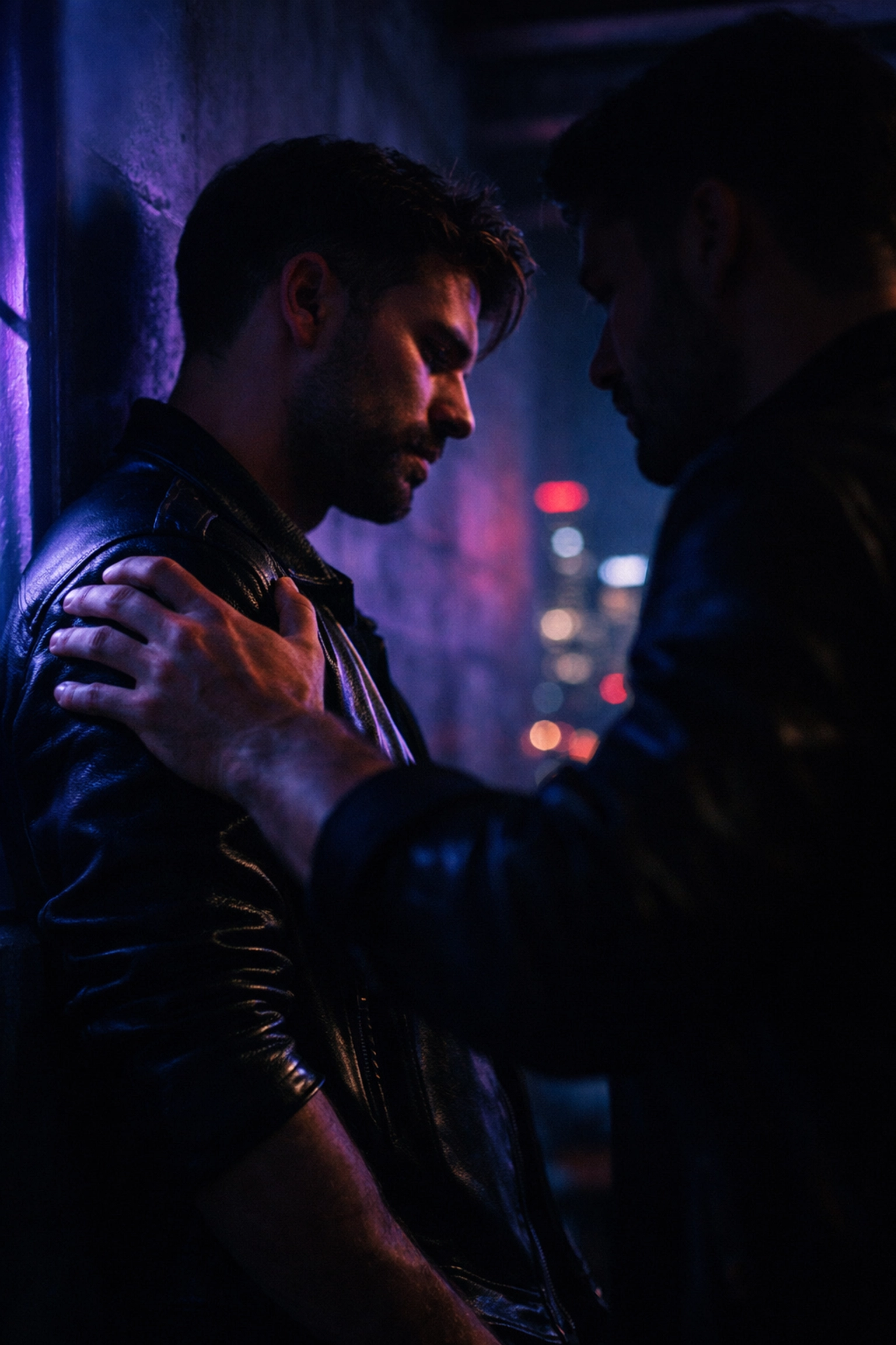 Two men in a neon-lit urban loft reflecting the high-stakes atmosphere of the gay nightlife scene.