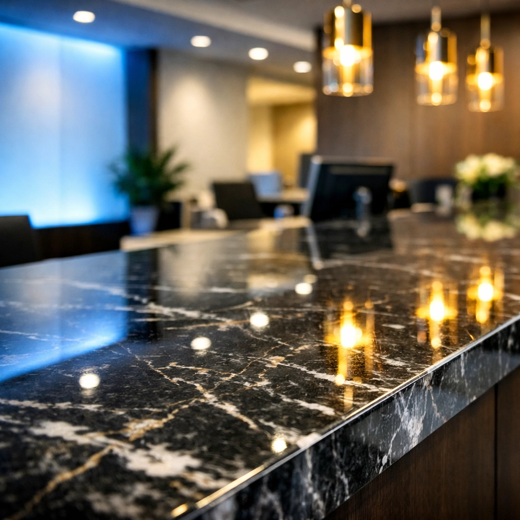 Sanitized marble reception desk in a Westborough business center maintained by expert commercial cleaning services.